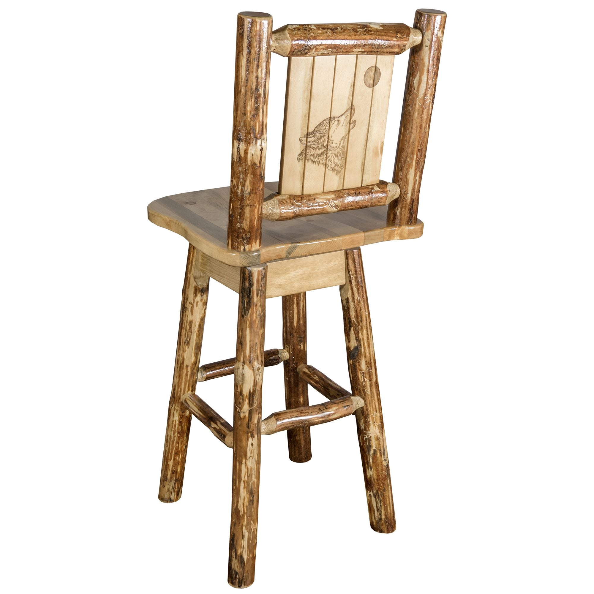 montana woodworks glacier country collection barstool with back and swivel with laser engraved wolf design mwgcbswsnrlzwolf