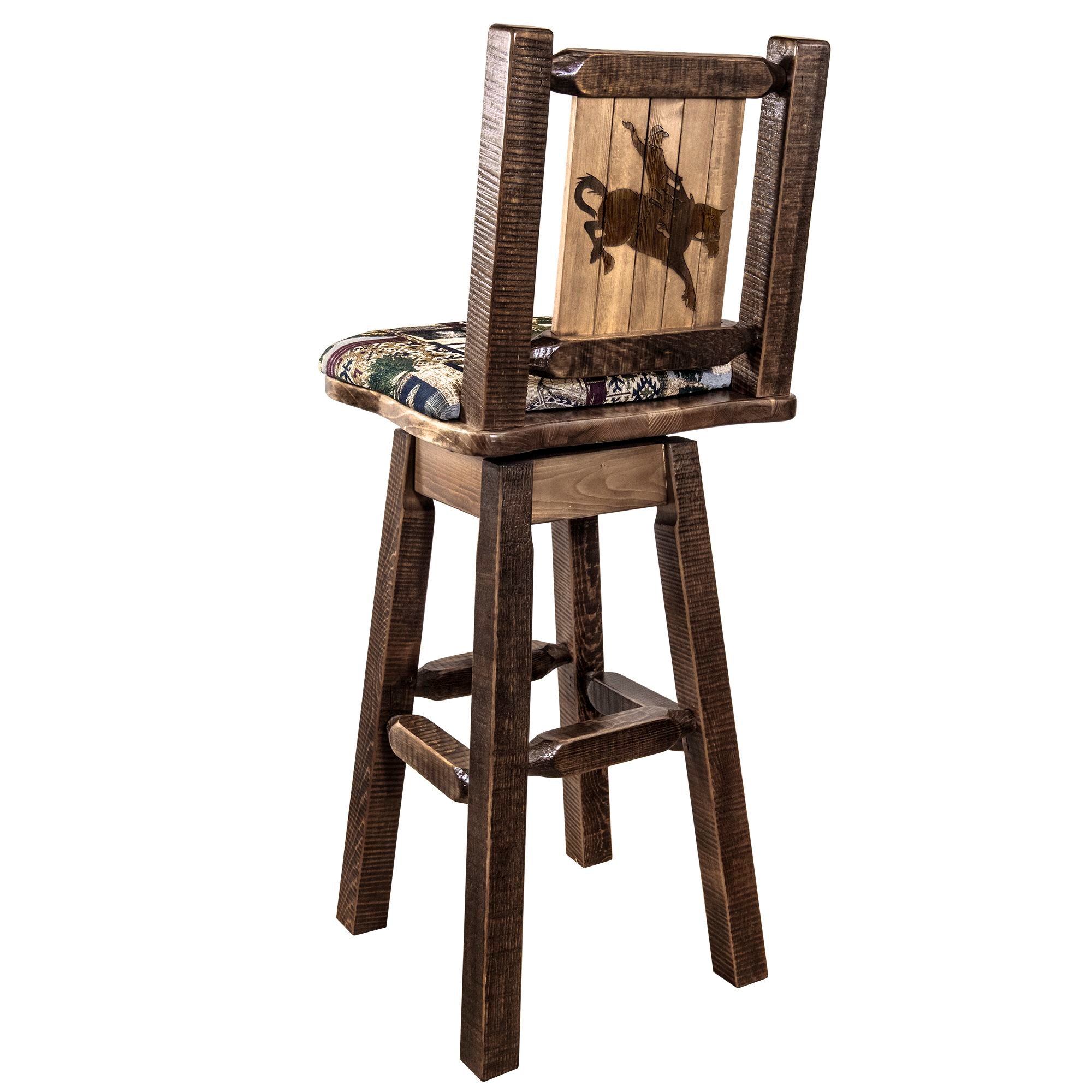 montana woodworks homestead collection barstool with back and swivel woodland pattern upholstery and laser engraved bronc design mwhcbswsnrslbronc