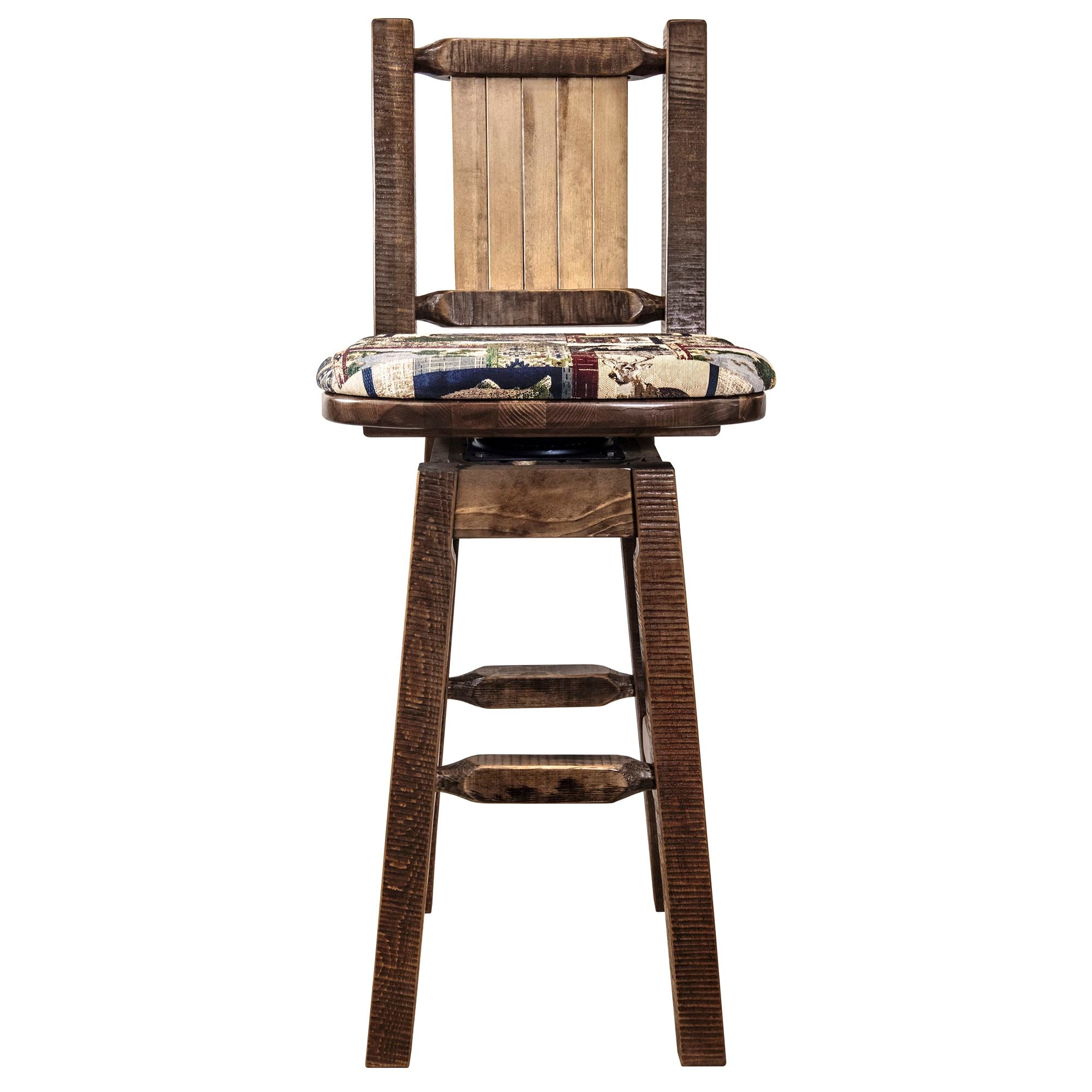 montana woodworks homestead collection barstool with back and swivel woodland pattern upholstery and laser engraved design mwhcbswsnrsl front