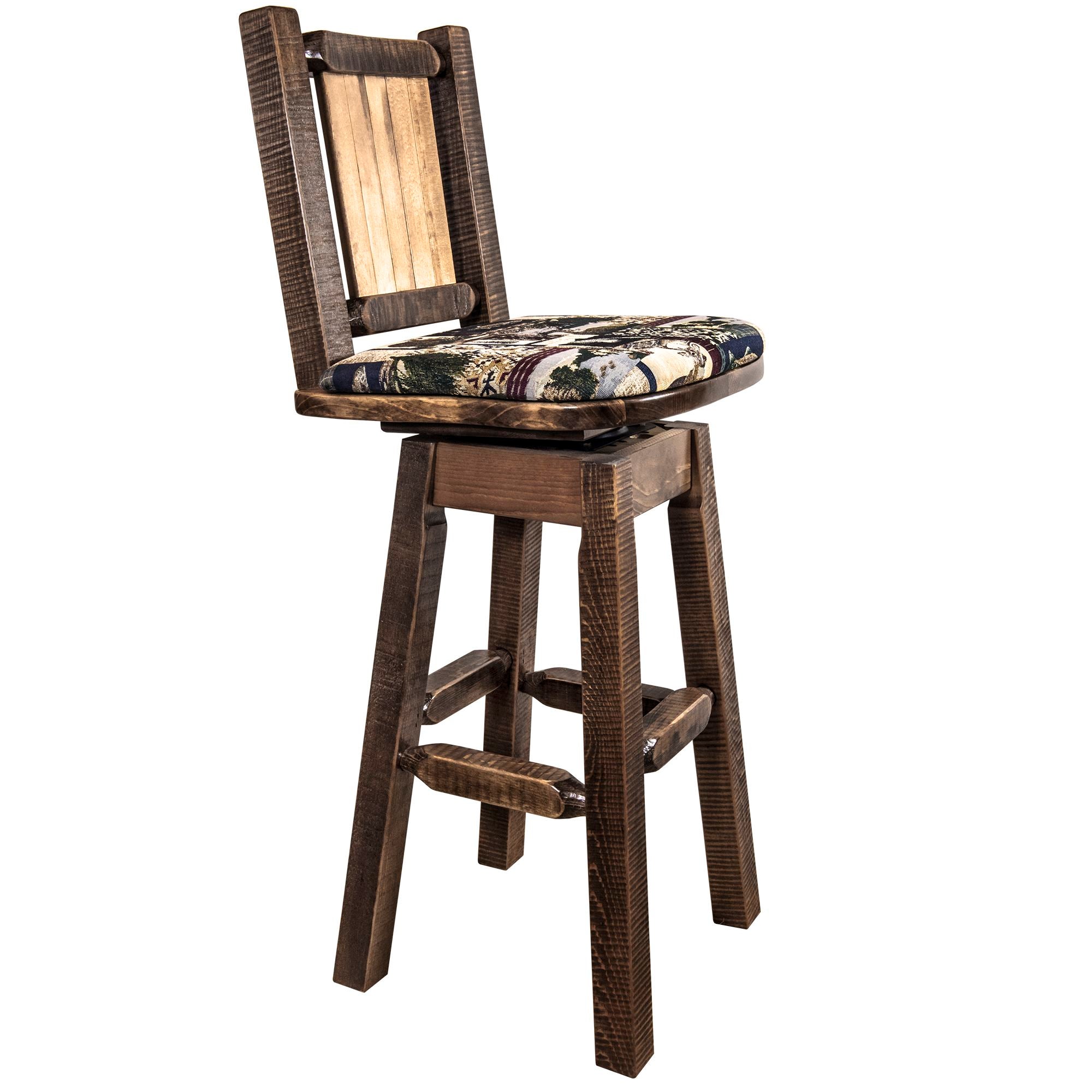 montana woodworks homestead collection barstool with back and swivel woodland pattern upholstery and laser engraved design mwhcbswsnrsl frontright