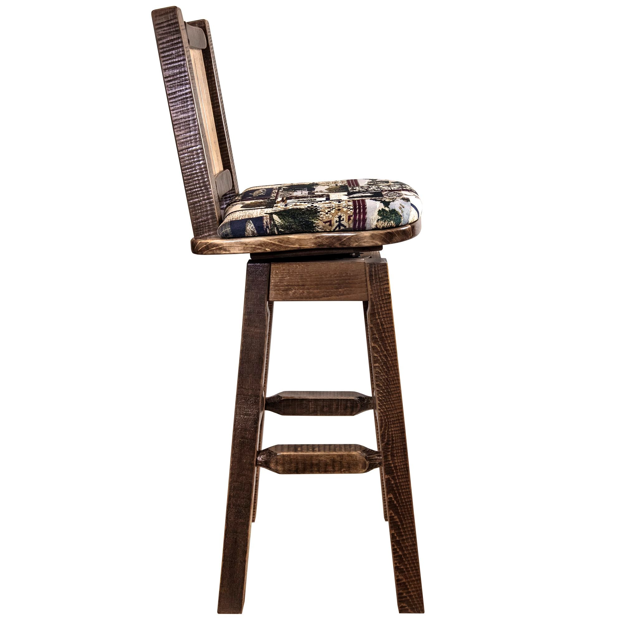 montana woodworks homestead collection barstool with back and swivel woodland pattern upholstery and laser engraved design mwhcbswsnrsl right side