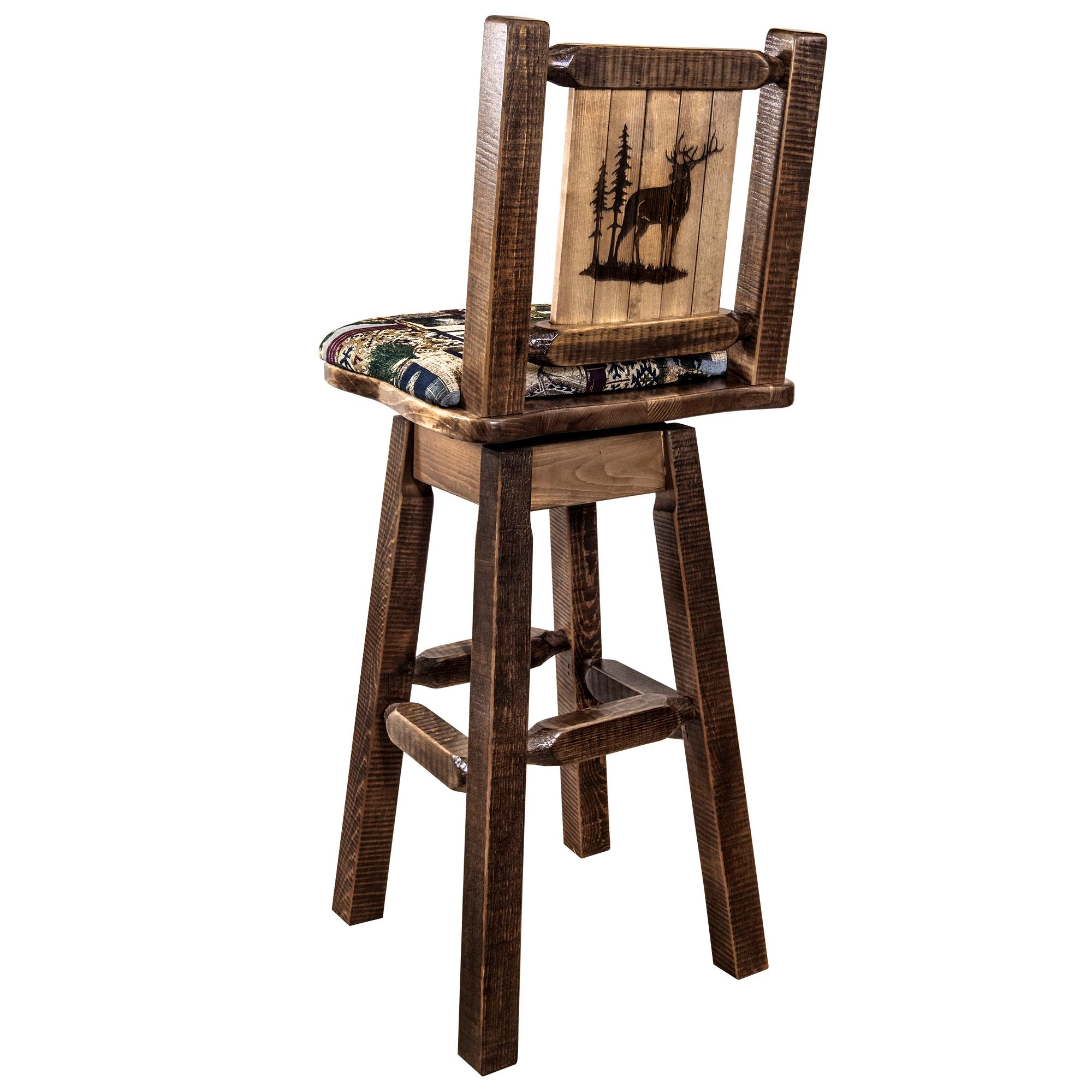 montana woodworks homestead collection barstool with back and swivel woodland pattern upholstery and laser engraved elk design mwhcbswsnrslelk back