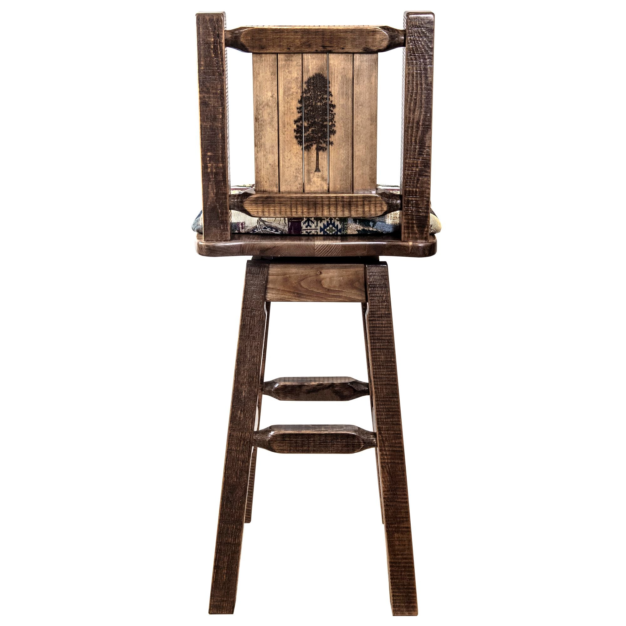 montana woodworks homestead collection barstool with back and swivel woodland pattern upholstery and laser engraved pine design mwhcbswsnrslpine back