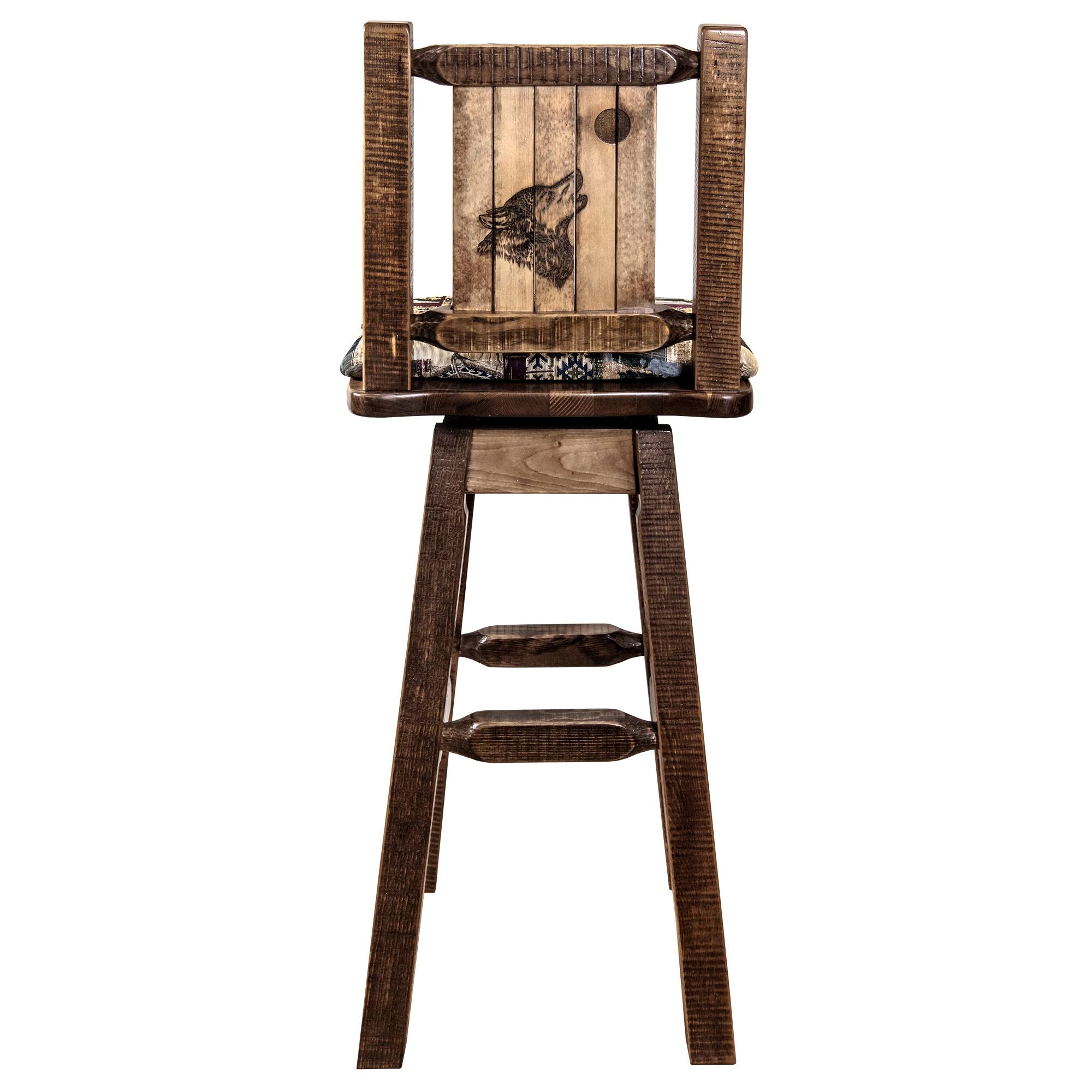montana woodworks homestead collection barstool with back and swivel woodland pattern upholstery and laser engraved wolf design mwhcbswsnrslwolf back