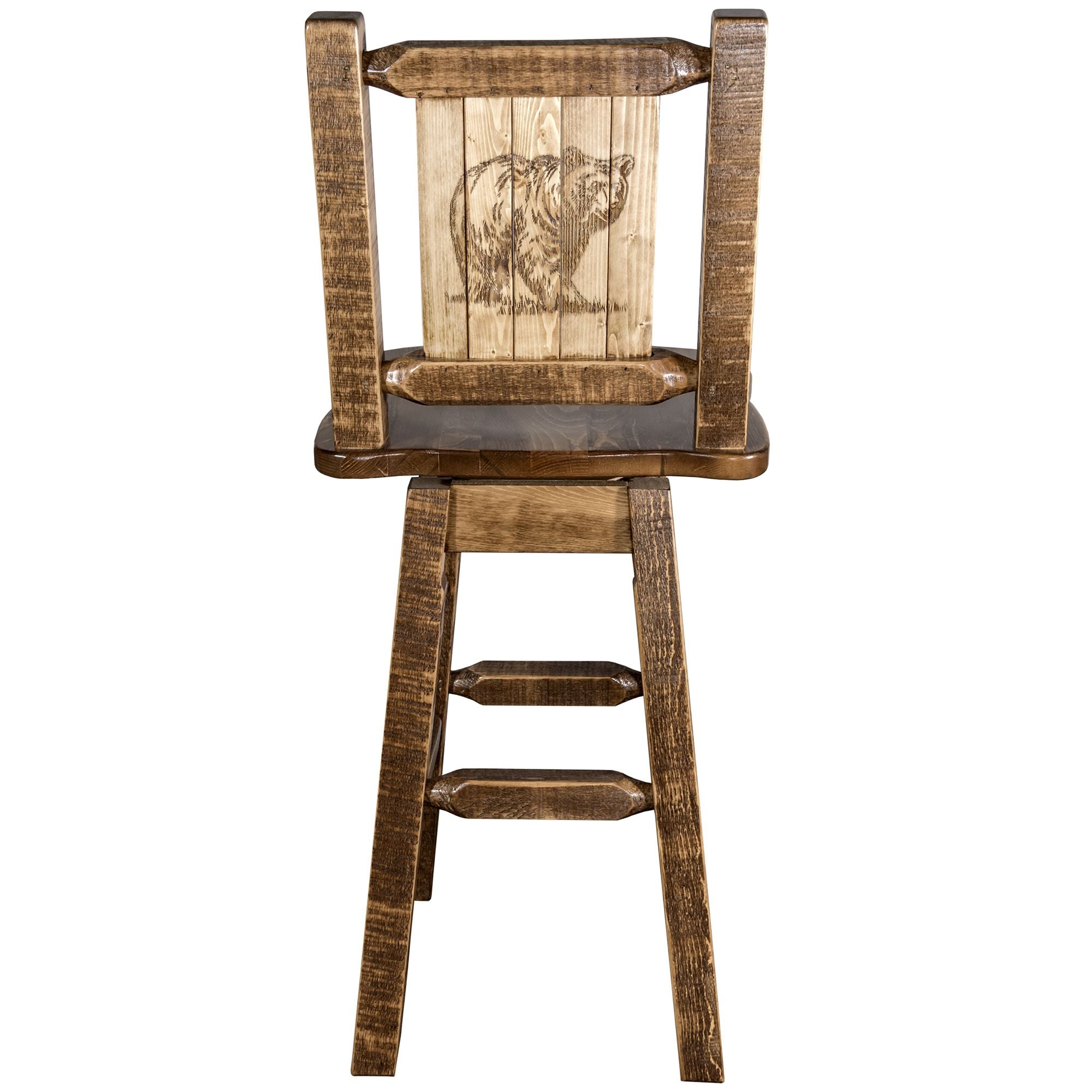 montana woodworks homestead collection-barstool with back swivel and laser engraved bear design stain lacquer finish mwhcbswsnrsllzbear back