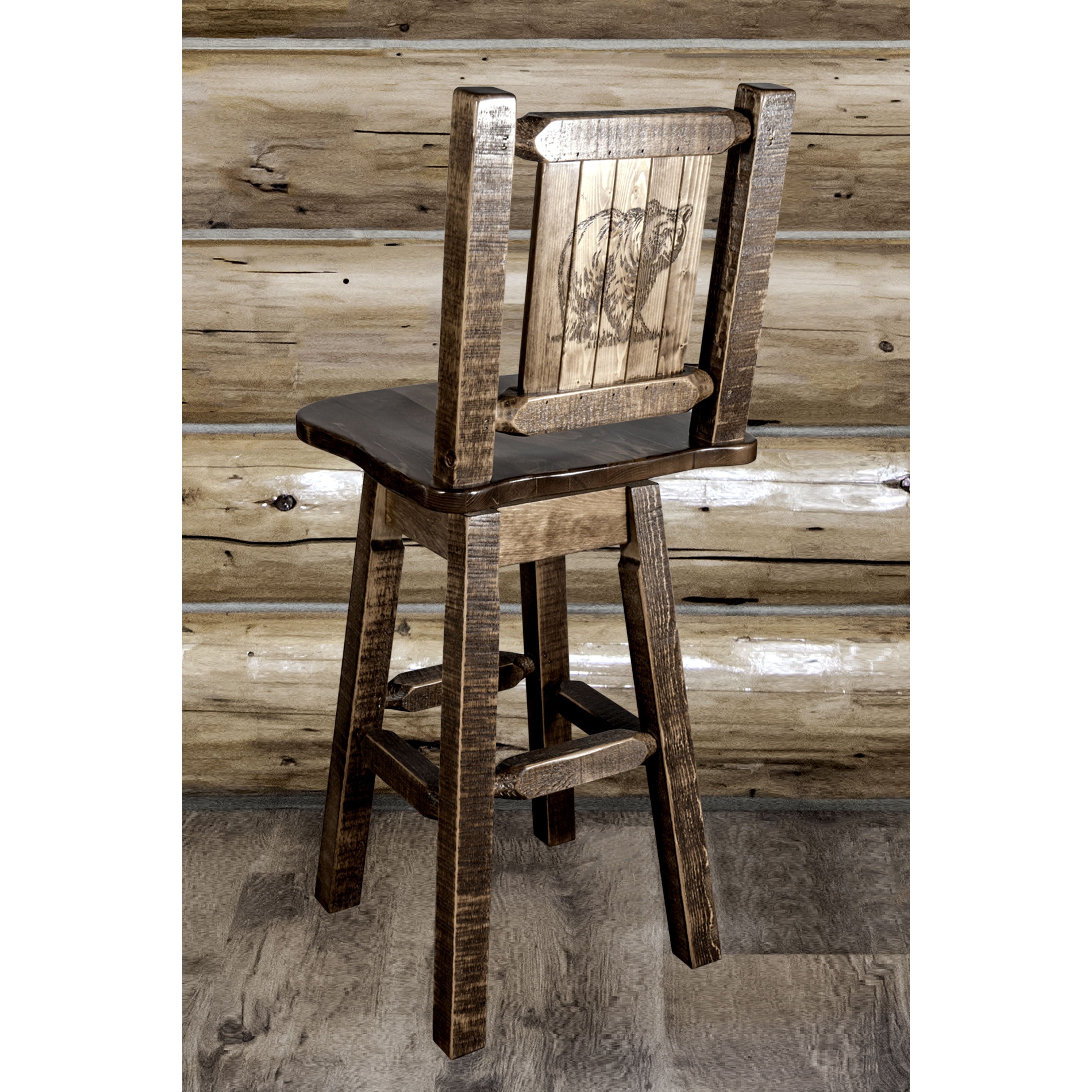 montana woodworks homestead collection-barstool with back swivel and laser engraved bear design stain lacquer finish mwhcbswsnrsllzbear indoor