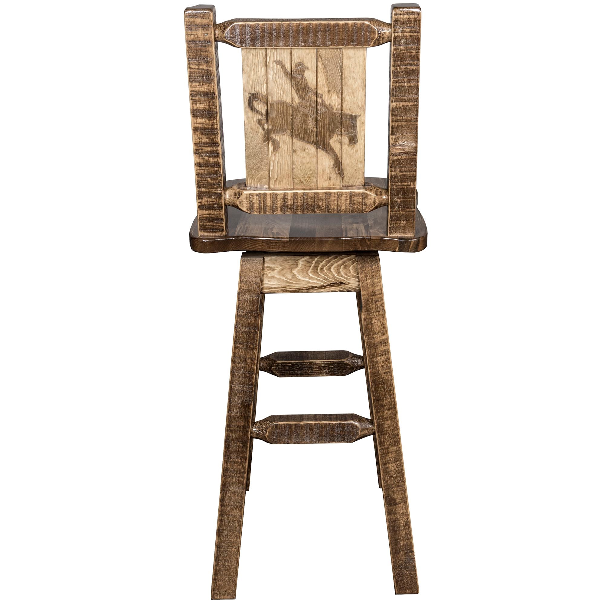 montana woodworks homestead collection barstool with back swivel and laser engraved bronc design stain lacquer finish mwhcbswsnrsllzbronc back