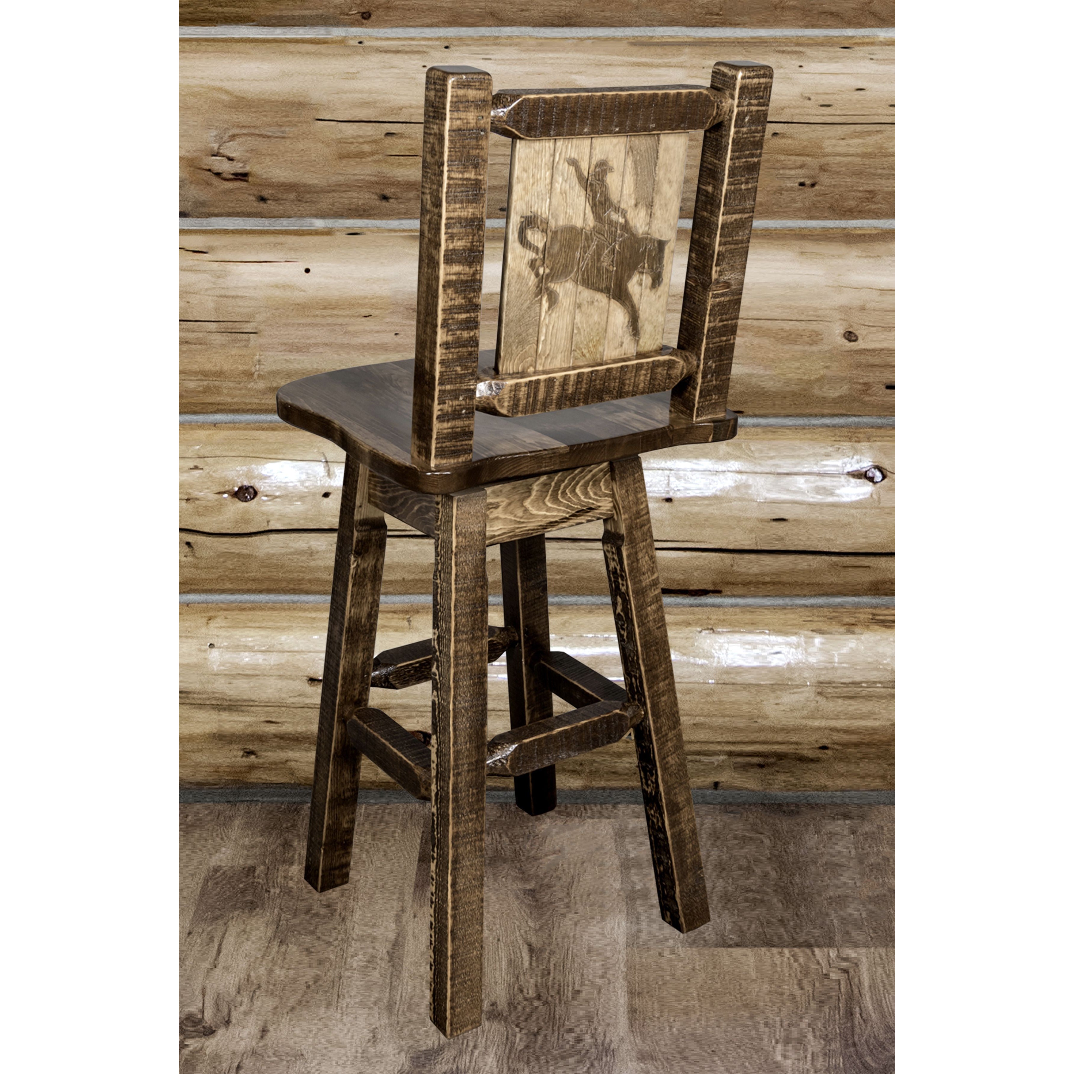 montana woodworks homestead collection barstool with back swivel and laser engraved bronc design stain lacquer finish mwhcbswsnrsllzbronc indoor