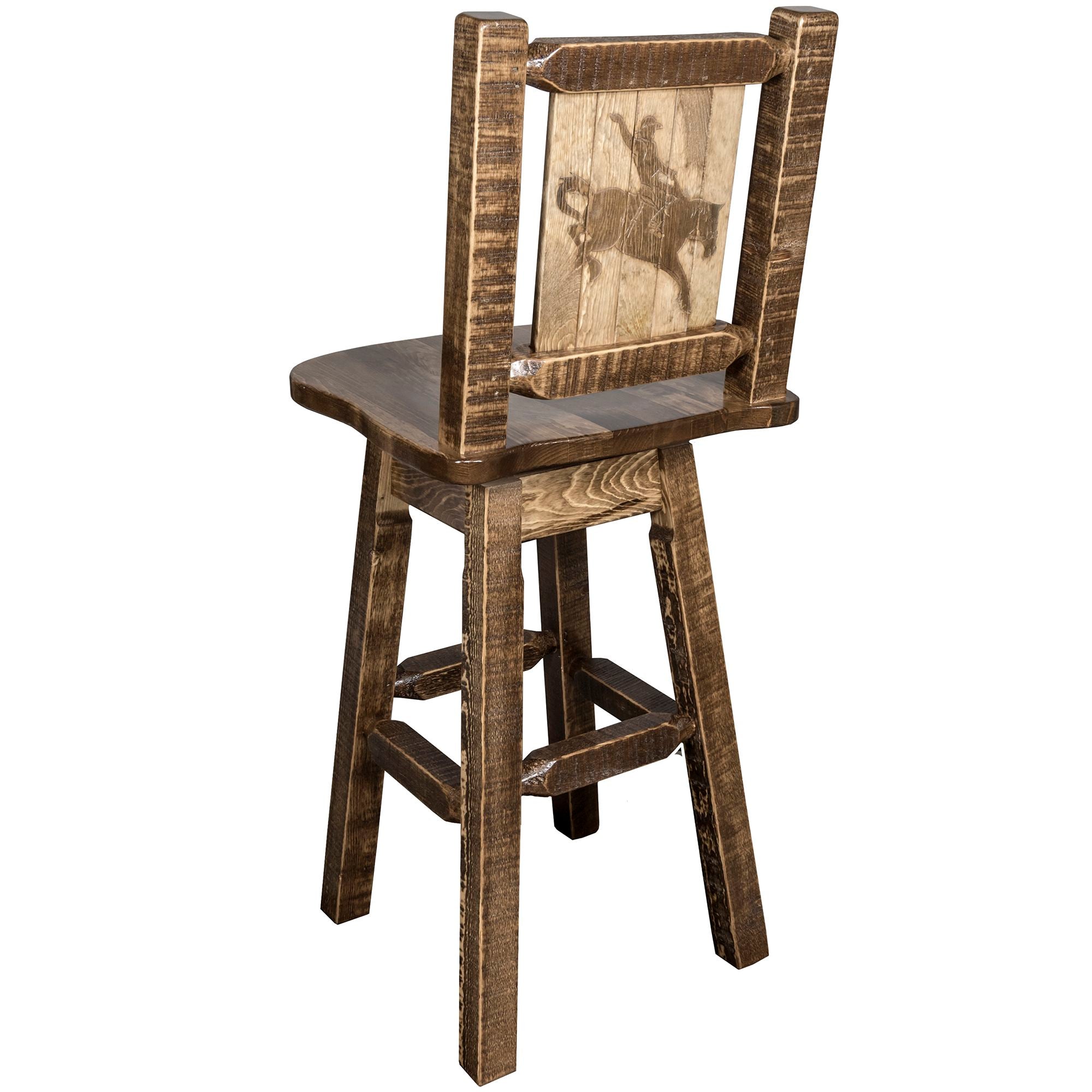 montana woodworks homestead collection barstool with back swivel and laser engraved bronc design stain lacquer finish mwhcbswsnrsllzbronc