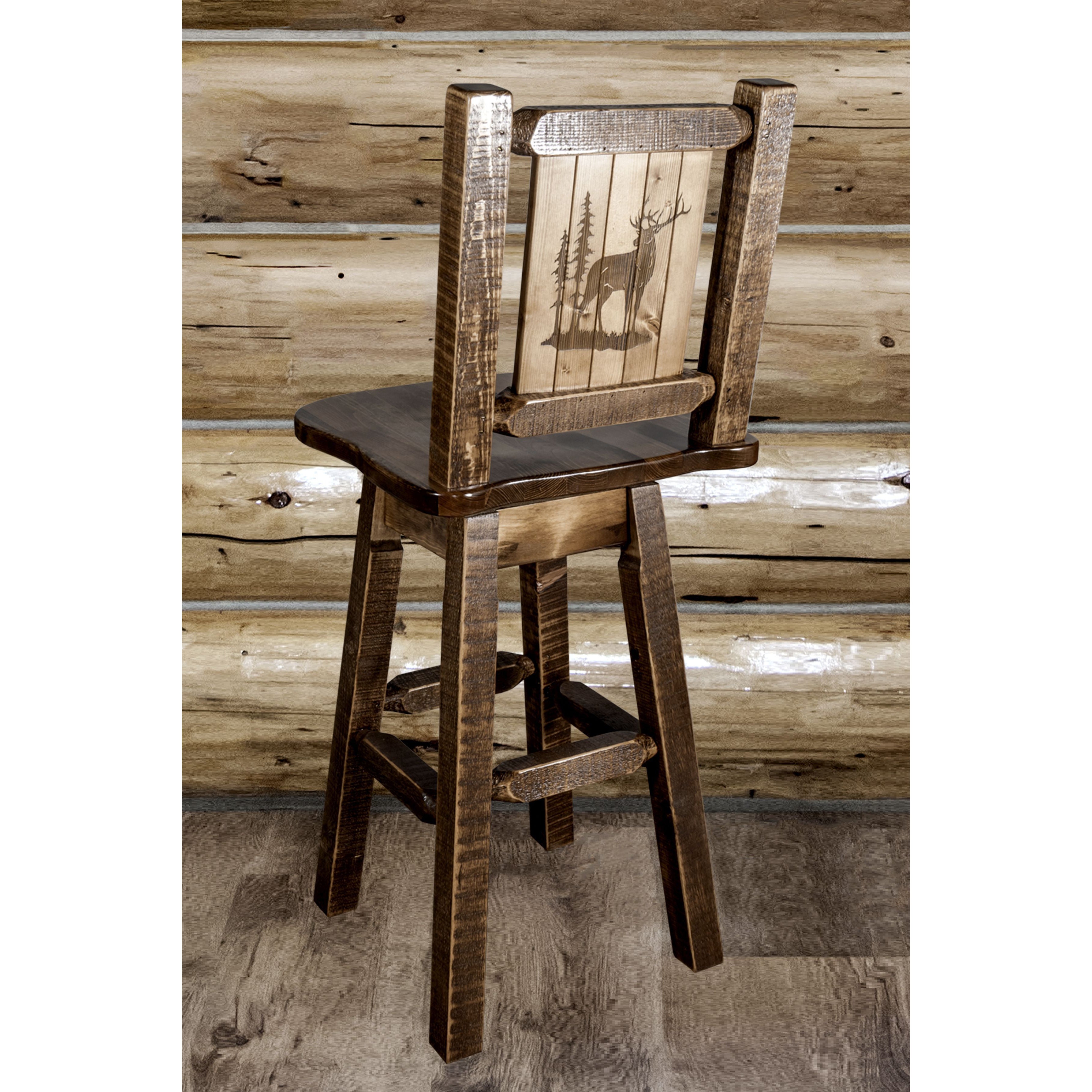 montana woodworks homestead collection barstool with back swivel and laser engraved eck design stain lacquer finish mwhcbswsnrsllzeck indoor