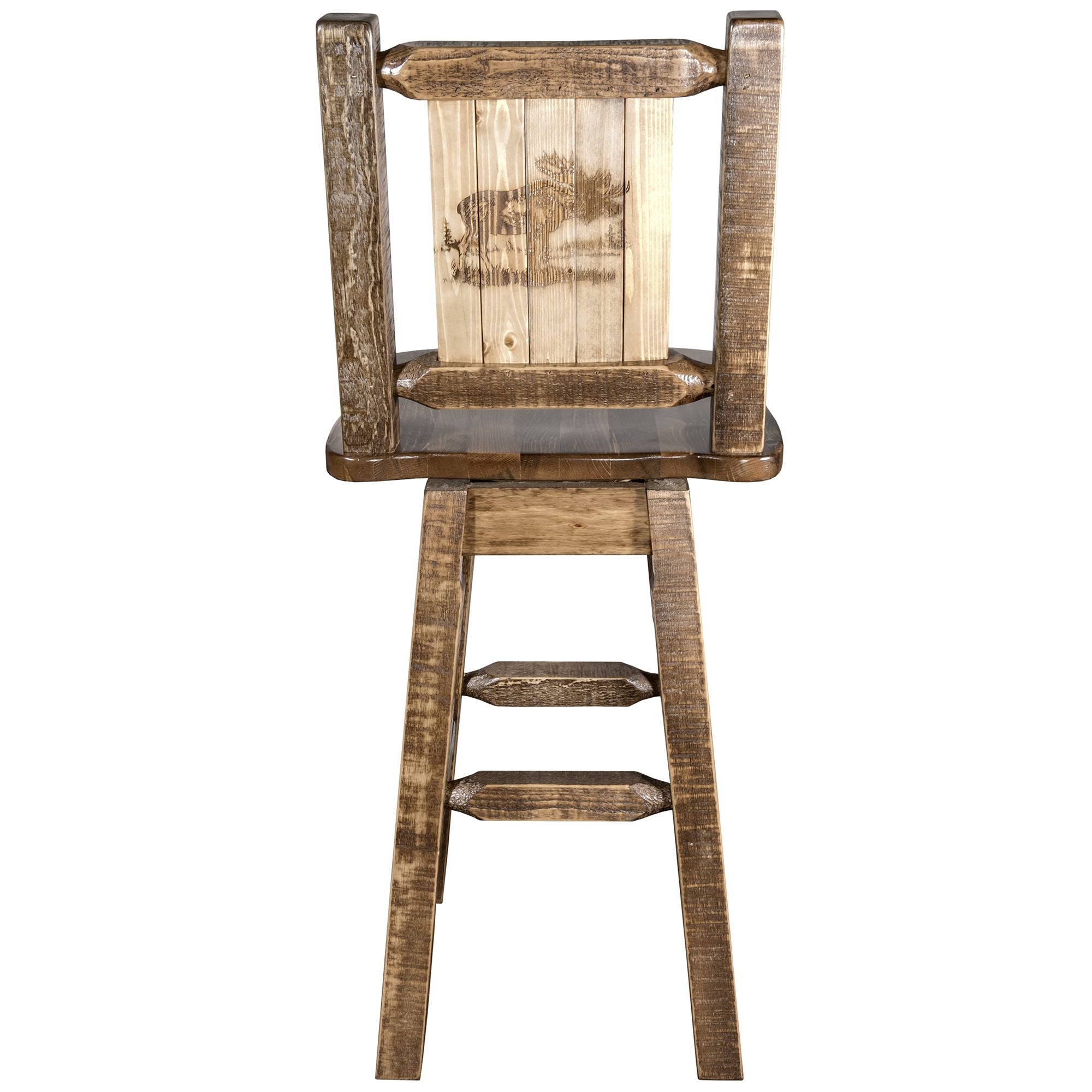 montana woodworks homestead collection barstool with back swivel and laser engraved moose design stain lacquer finish mwhcbswsnrsllzmoose back