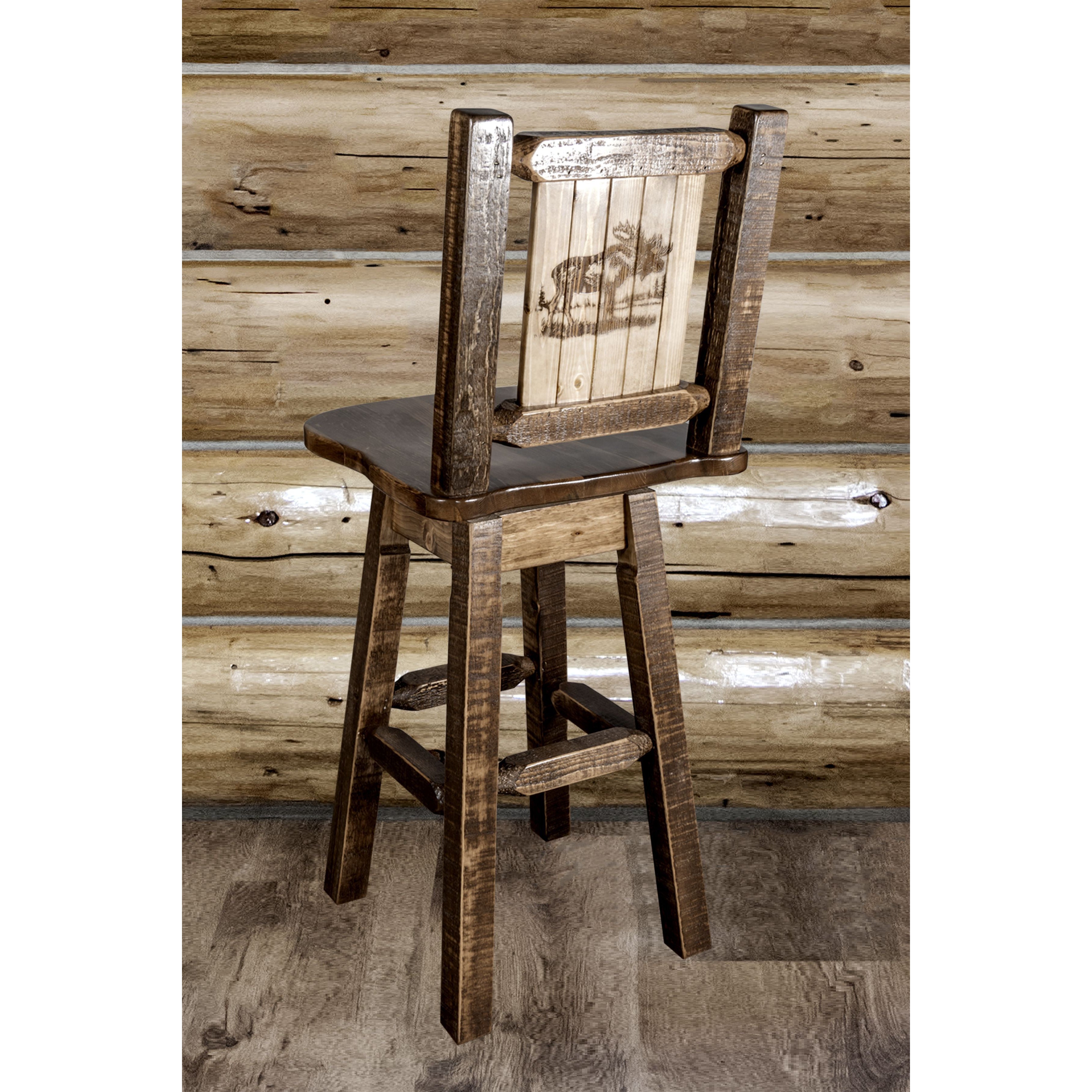 montana woodworks homestead collection barstool with back swivel and laser engraved moose design stain lacquer finish mwhcbswsnrsllzmoose indoor