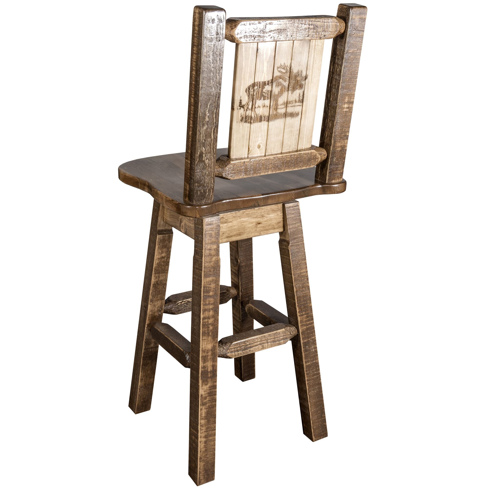 montana woodworks homestead collection barstool with back swivel and laser engraved moose design stain lacquer finish mwhcbswsnrsllzmoose