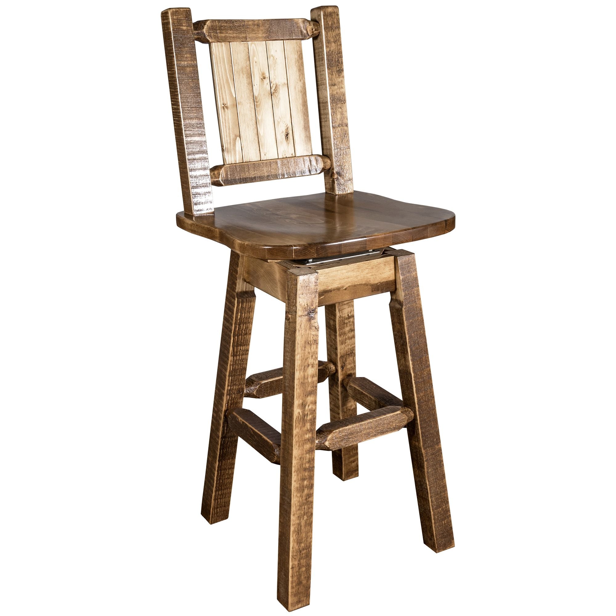 montana woodworks homestead collection barstool with back swivel and laser engraved design stain lacquer finish mwhcbswsnrsllz frontleft