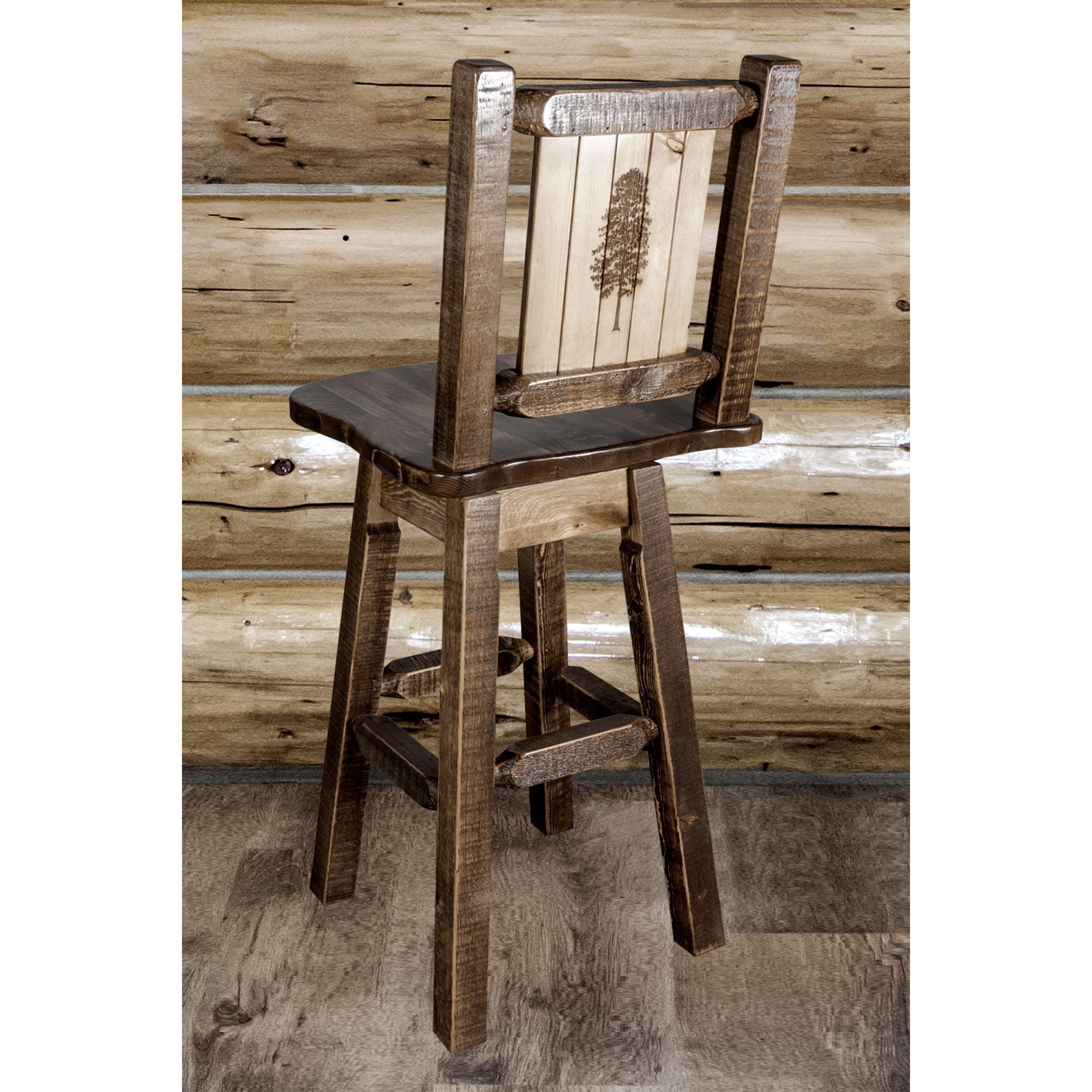 montana woodworks homestead collection barstool with back swivel and laser engraved pine design stain lacquer finish mwhcbswsnrsllzpine indoor