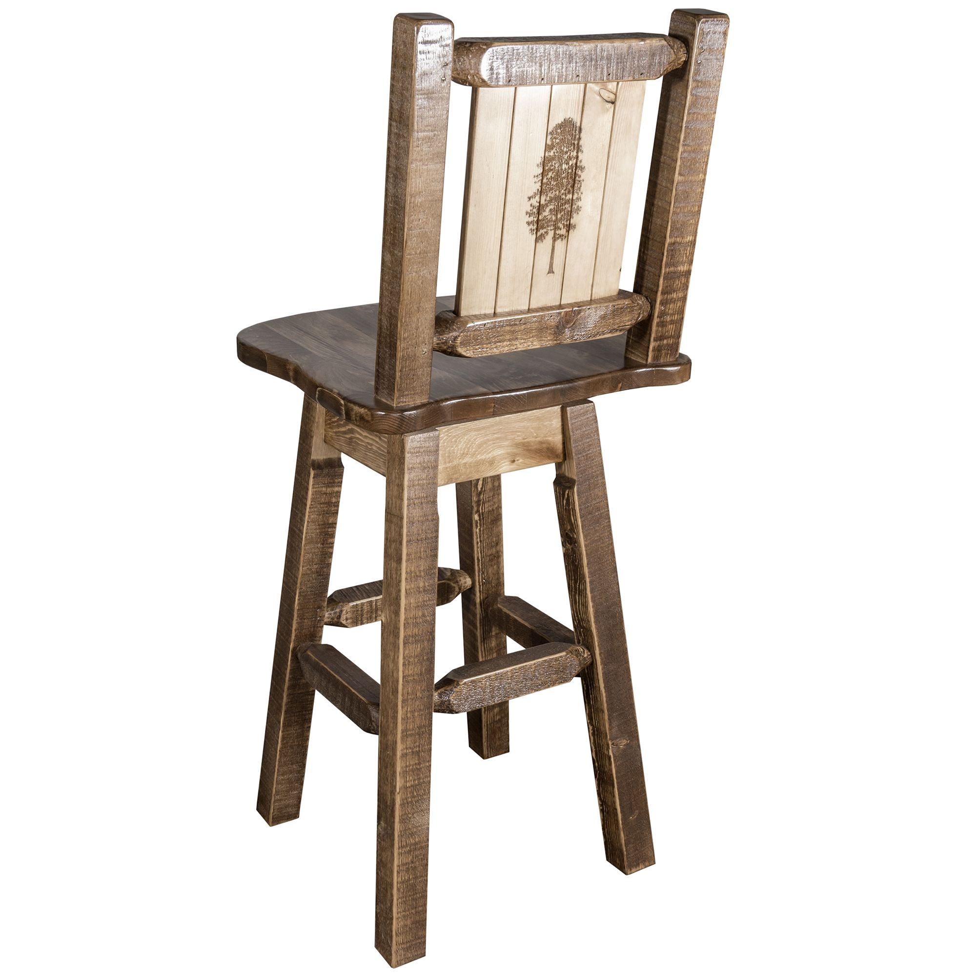 montana woodworks homestead collection barstool with back swivel and laser engraved pine design stain lacquer finish mwhcbswsnrsllzpine